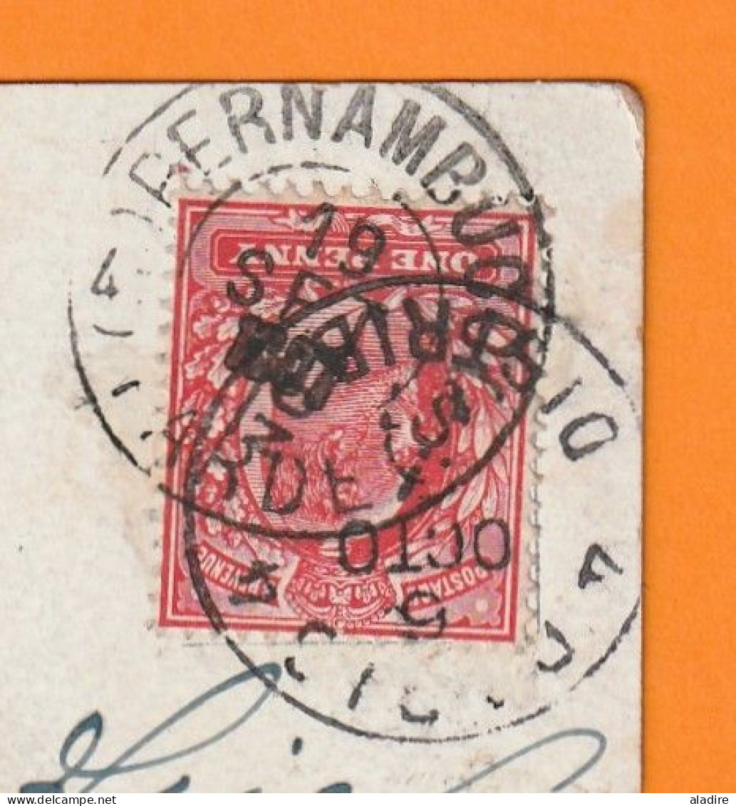 1907 - KEVII - 1 D Red- The Royal Mail Steam Packet Co Postcard From Pernambuco, Brasil To Paris, France - Arrival Stamp - Marcophilie