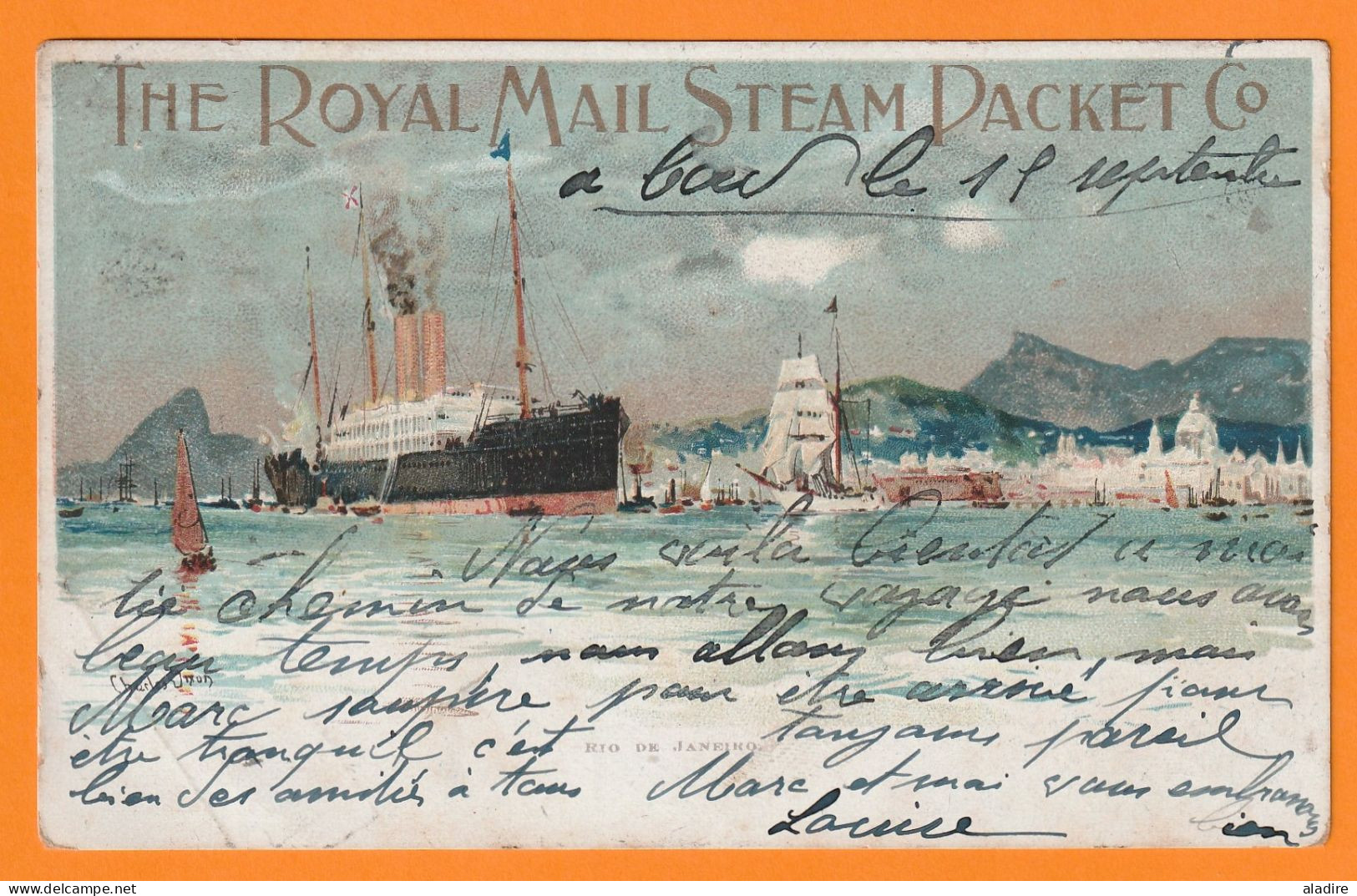 1907 - KEVII - 1 d red- The Royal Mail Steam Packet Co postcard from Pernambuco, Brasil to Paris, France - arrival stamp