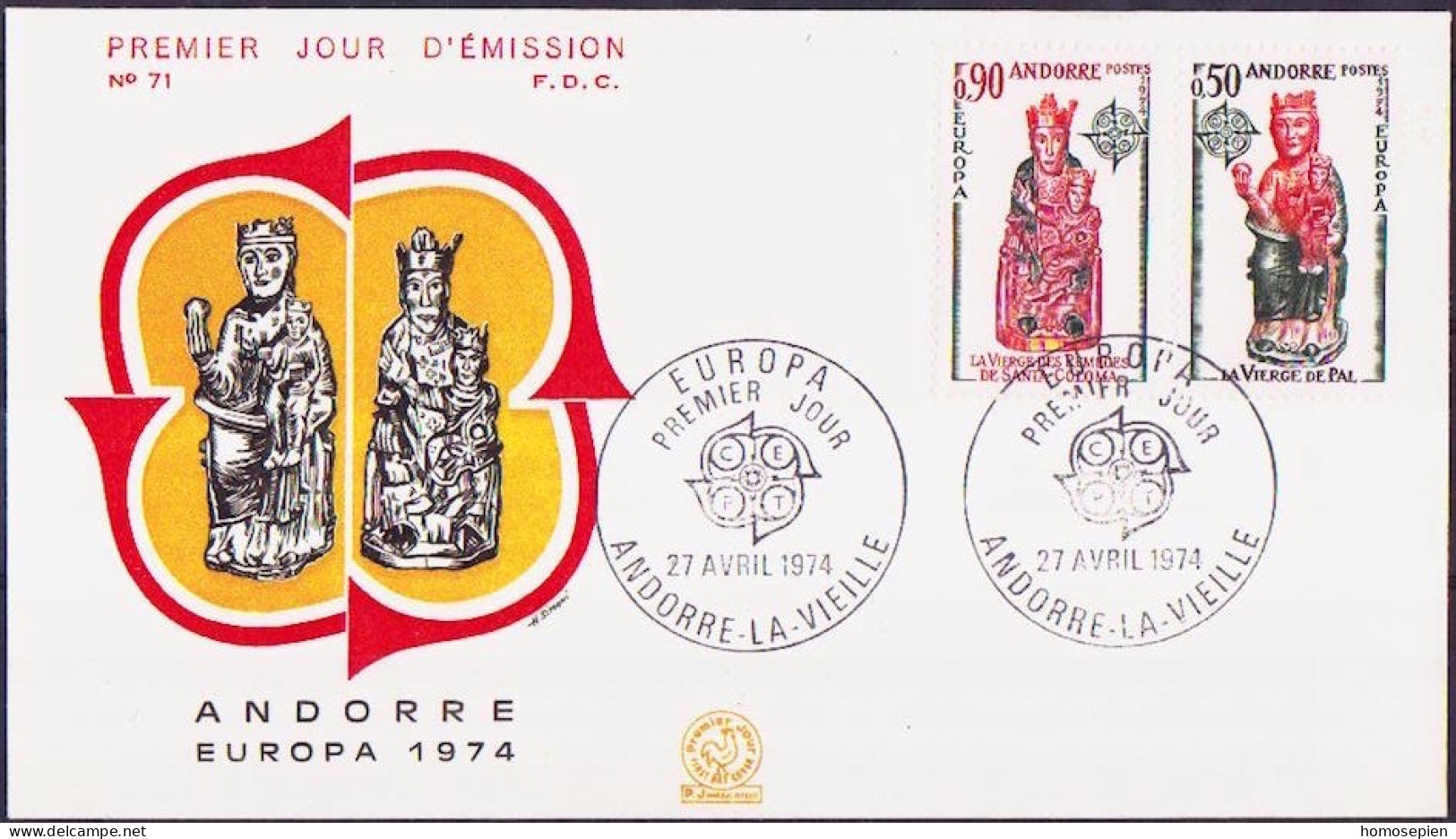 Europa CEPT 1974 Andorre Français - Andorra FDC1 Y&T N°237 à 238 - Michel N°258 à 259 - 1974