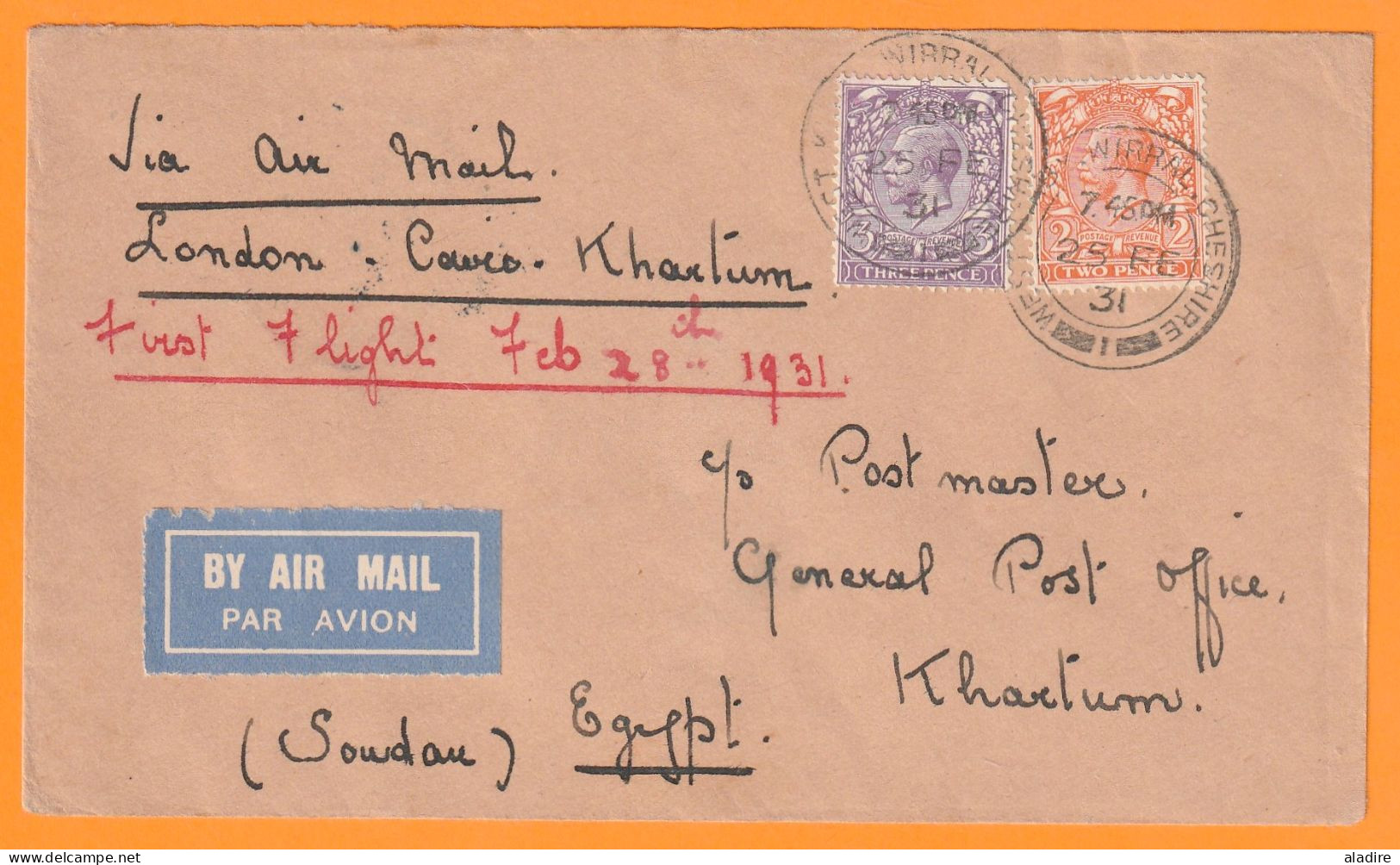 1931 - KGV - Air Mail Cover - 1st Flight London / Cairo, Egypt / Khartoum, Sudan - Arrival Stamp - Postmark Collection