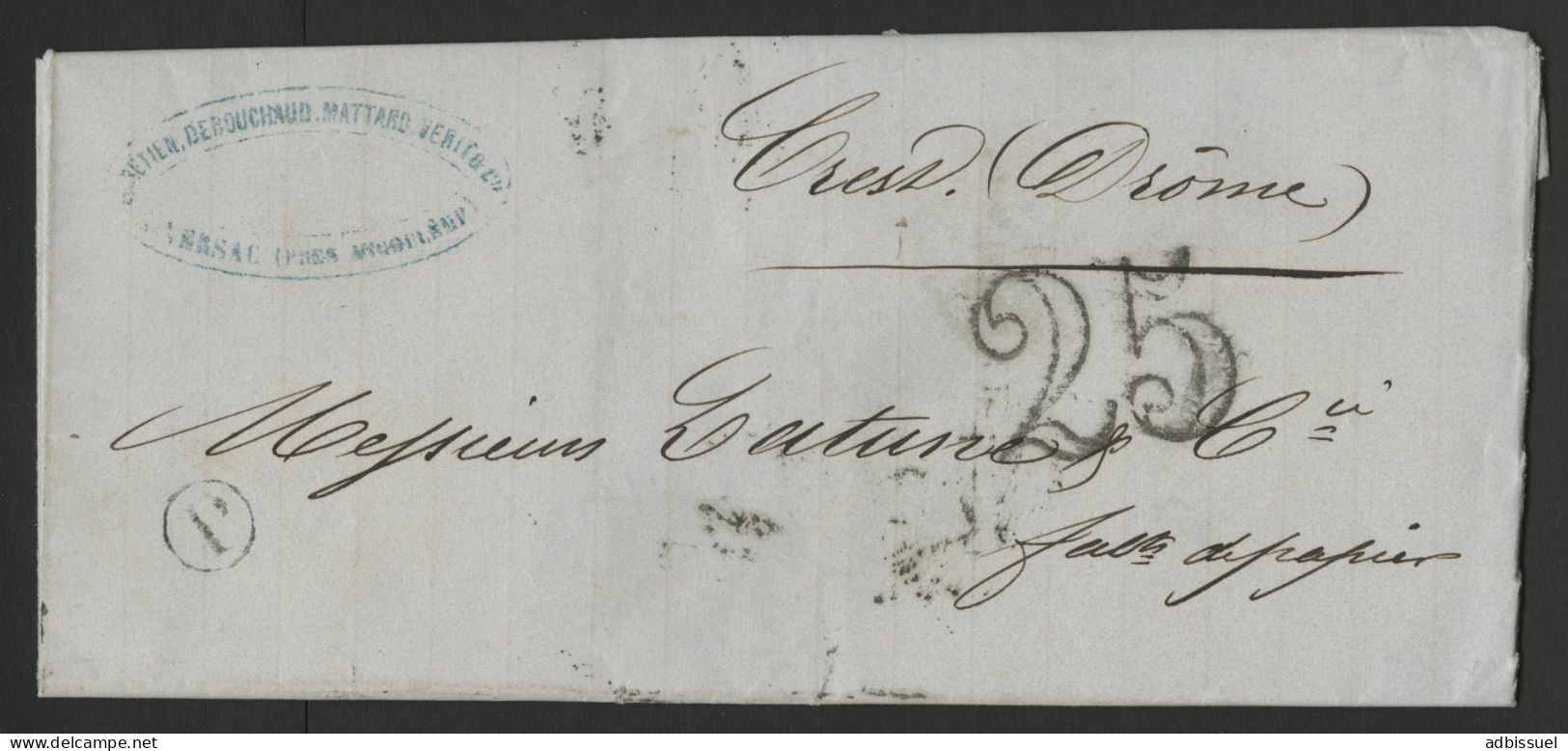 CHARENTE Boîte Rurale P De NERSAC Le 23/9/1852 + Taxe Tampon 25 Sur Lettre Pour Crest - 1849-1876: Klassik