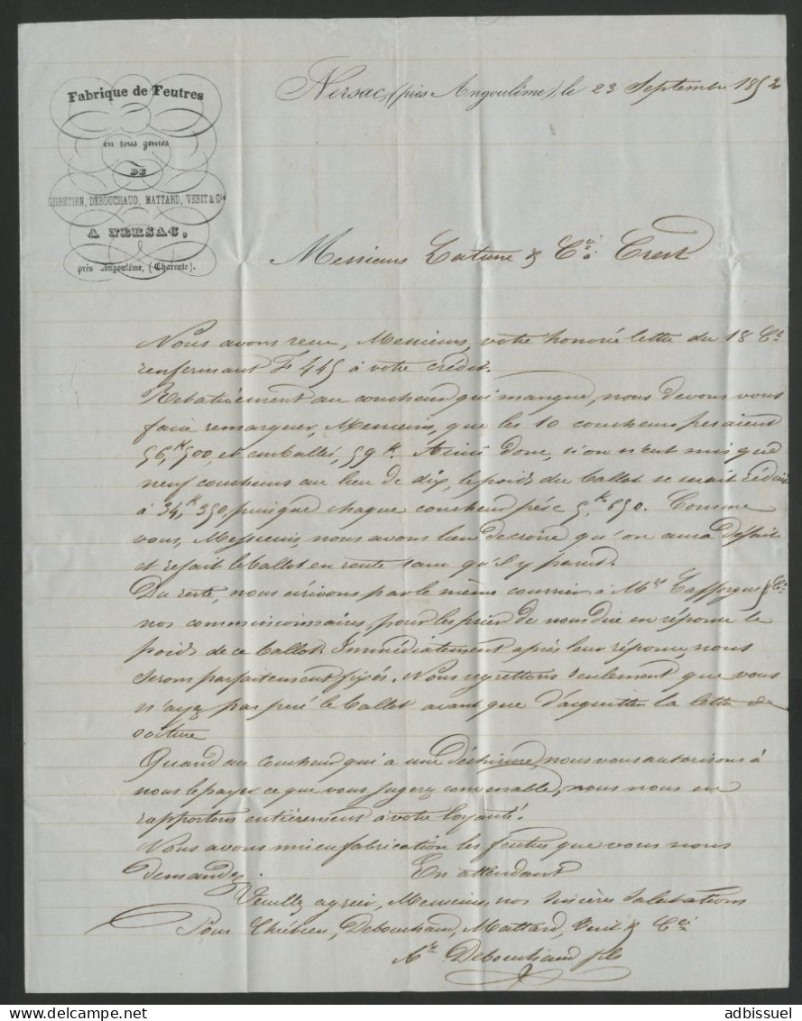 CHARENTE Boîte Rurale P De NERSAC Le 23/9/1852 + Taxe Tampon 25 Sur Lettre Pour Crest - 1849-1876: Classic Period