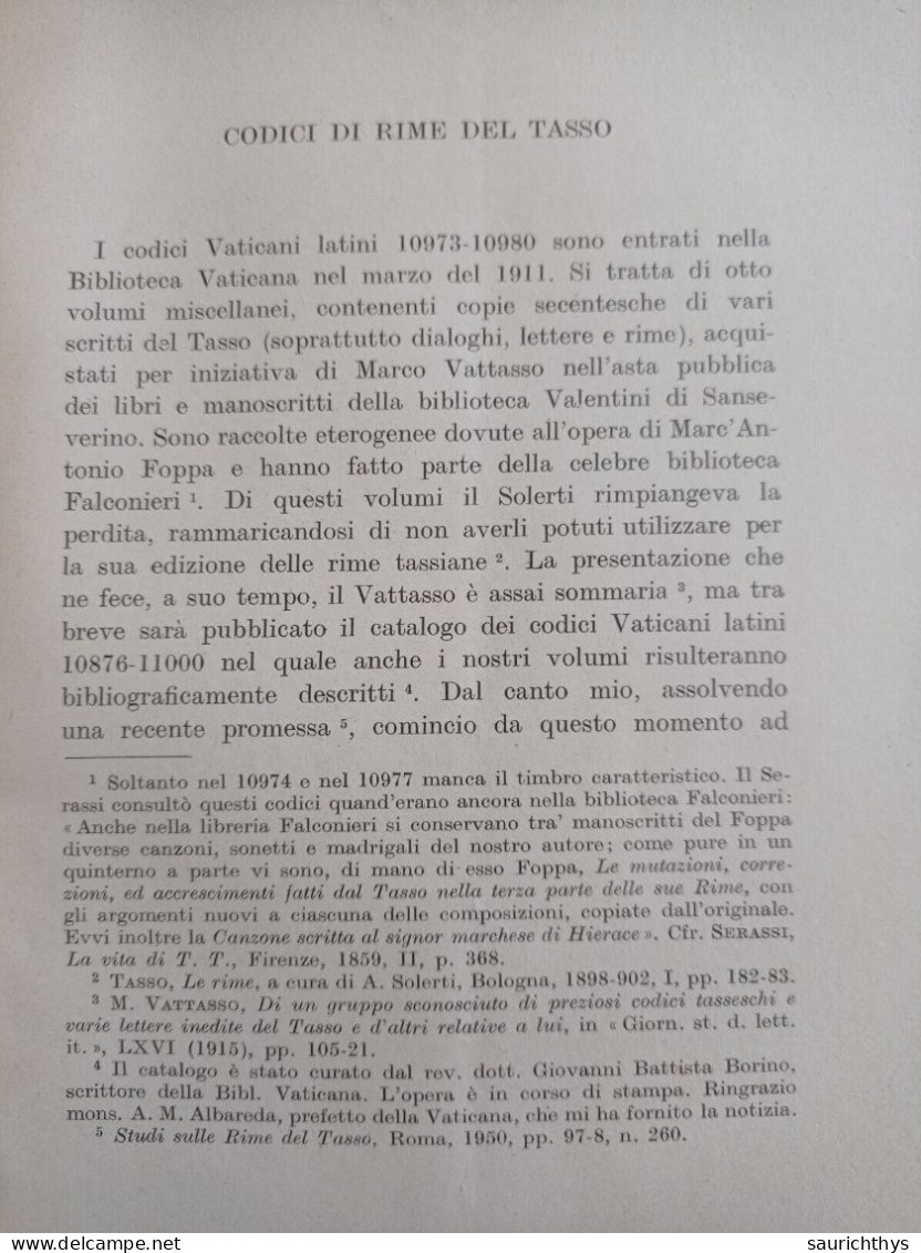 Studi Di Filologia Italiana Autografo Di Lanfranco Caretti Da Ferrara Torquato Tasso 1951 Accademia Della Crusca - History, Biography, Philosophy