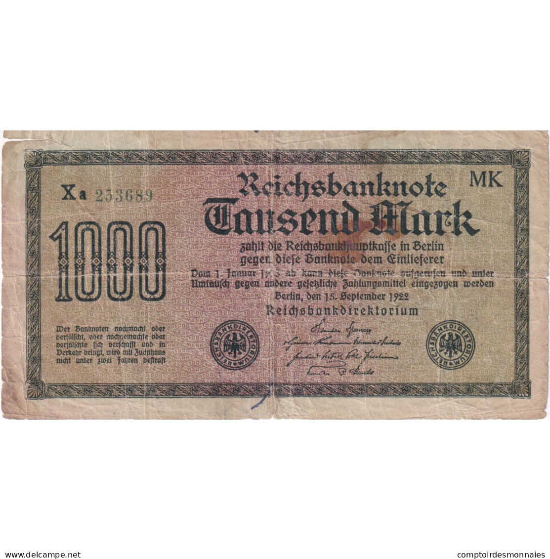 Billet, Allemagne, 1000 Mark, 1922, 1922-09-15, KM:76b, B - 1.000 Mark