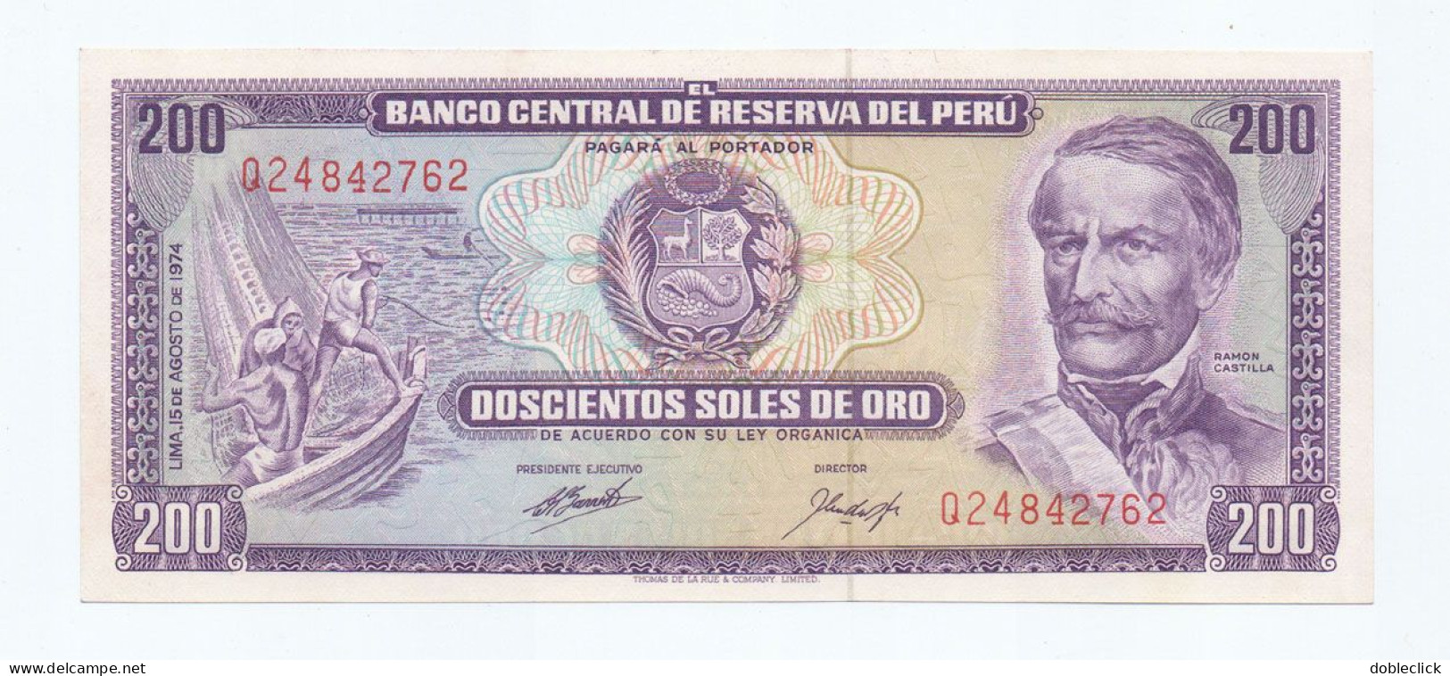 PERU - 200 SOLES DE ORO CASTILLA FISHERMEN FRIGATE P-103b 1974 - UNC - Pérou