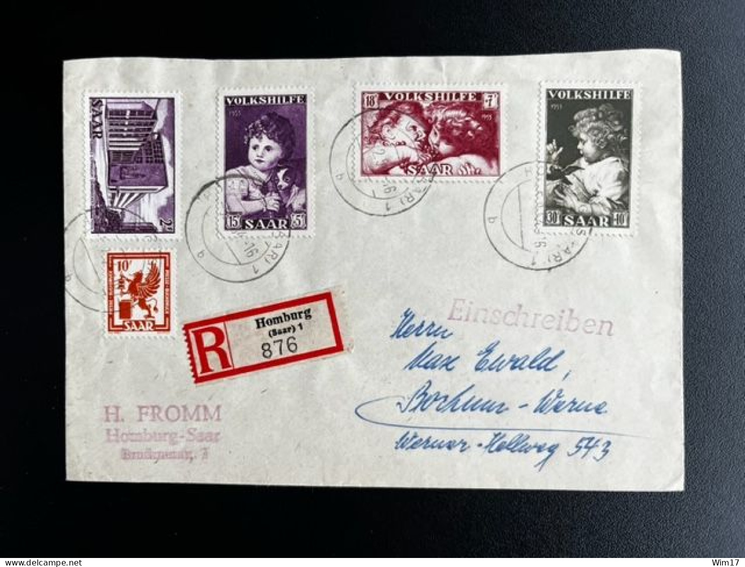 GERMANY SAAR SARRE SAARLAND 1954 REGISTERED LETTER HOMBURG TO BOCHUM 05-02-1954 DUITSLAND DEUTSCHLAND EINSCHREIBEN - Postal  Stationery