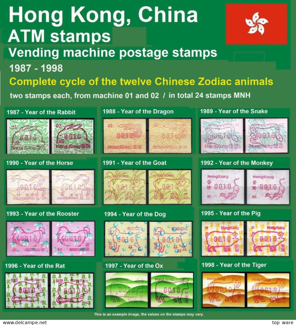 Hong Kong China ATM Stamps 1987-1998, Complete Collection Of All 12 Chinese Zodiac Animals, Each 01+02, Frama Kiosk CVP - Distributori