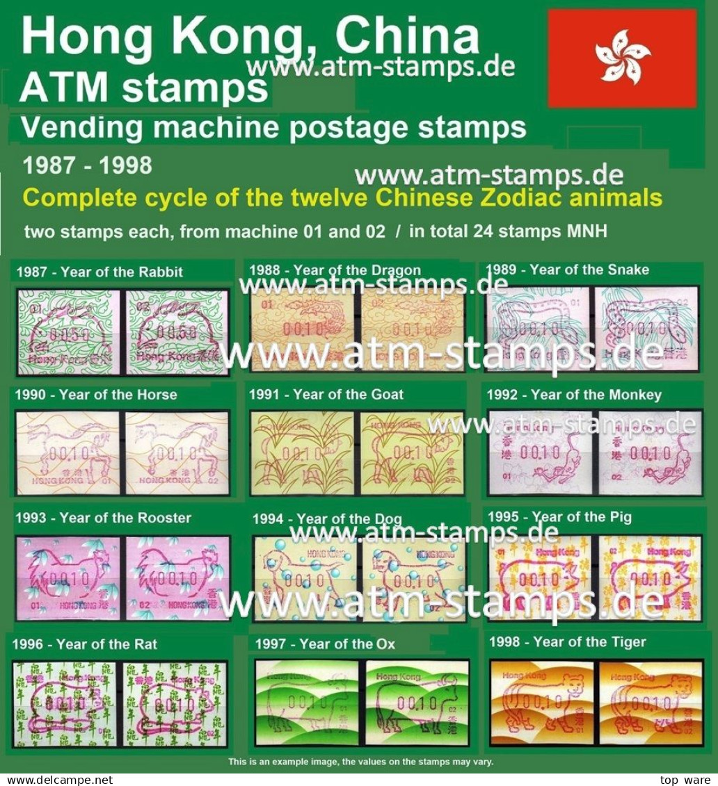 Hong Kong China ATM Stamps 1987-1998, Complete Collection Of All 12 Chinese Zodiac Animals, Each 01+02, Frama Kiosk CVP - Distribuidores