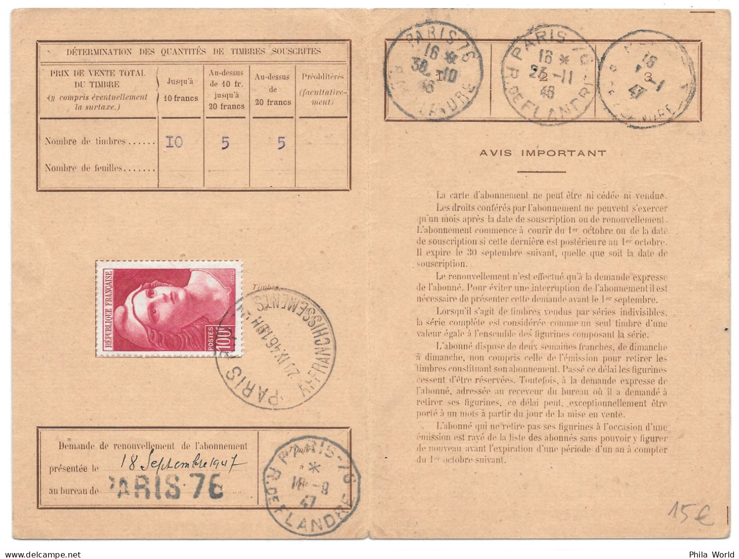 FRANCE 1946 YT 753 100F Marianne GANDON Seul Sur Carte Abonnement PTT PARIS 76 Rue De Flandre - Cartas & Documentos