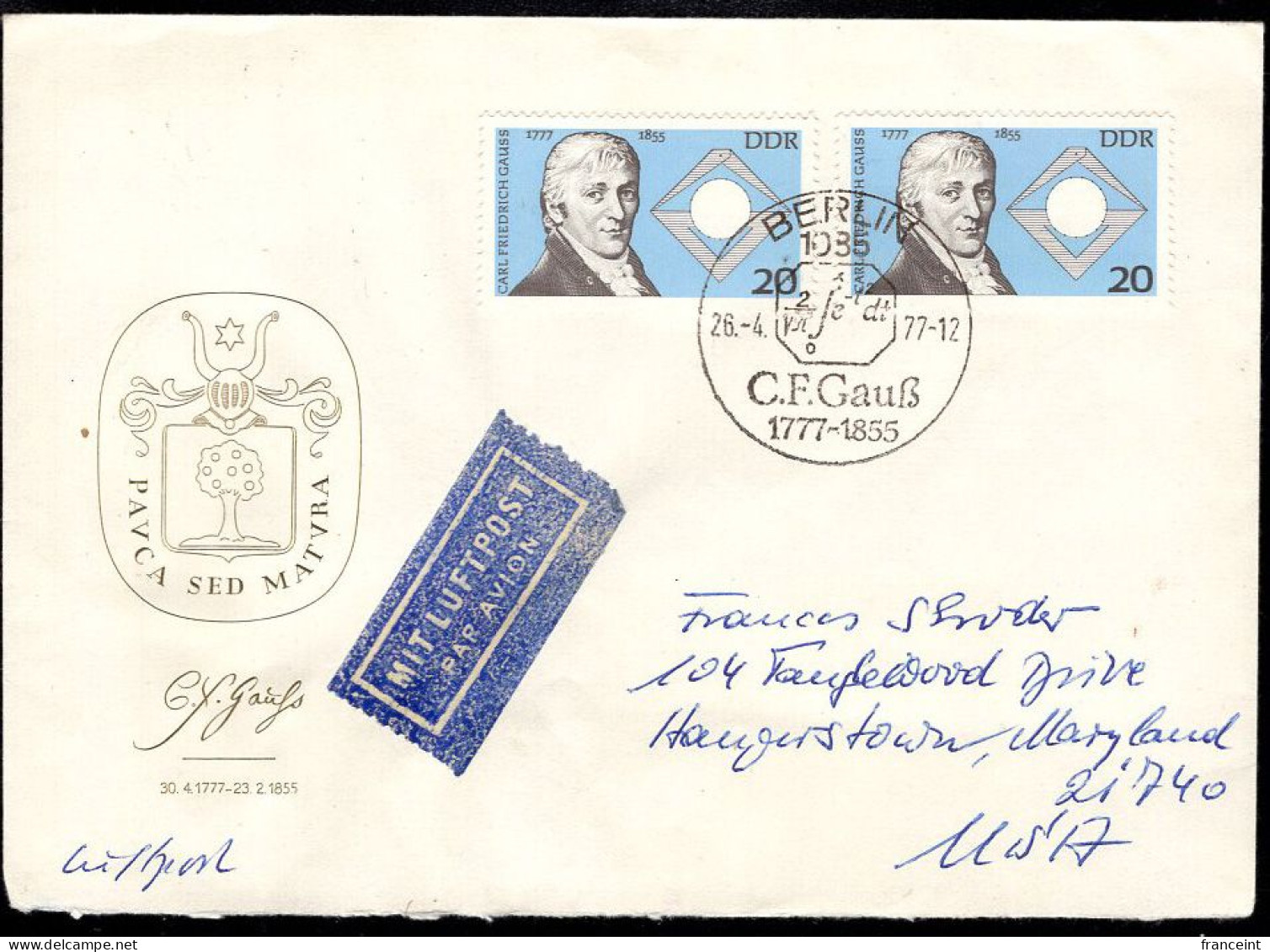 EAST GERMANY(1977) Gauss. FDC With Cachet And Thematic Cancel. Scott No 1811. - 1971-1980