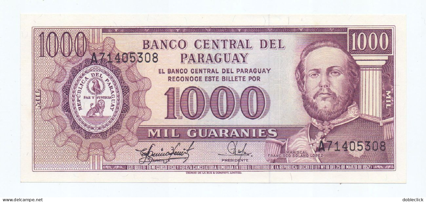 PARAGUAY - 1000 GUARANIES P-207 - AQUINO CORONEL SIGN. 1982-1994 UNC - Paraguay
