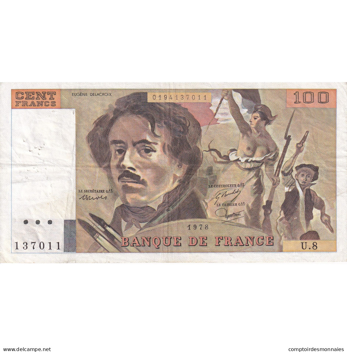 France, 100 Francs, Delacroix, 1978, U.8, TB, Fayette:69.1e, KM:154a - 100 F 1978-1995 ''Delacroix''