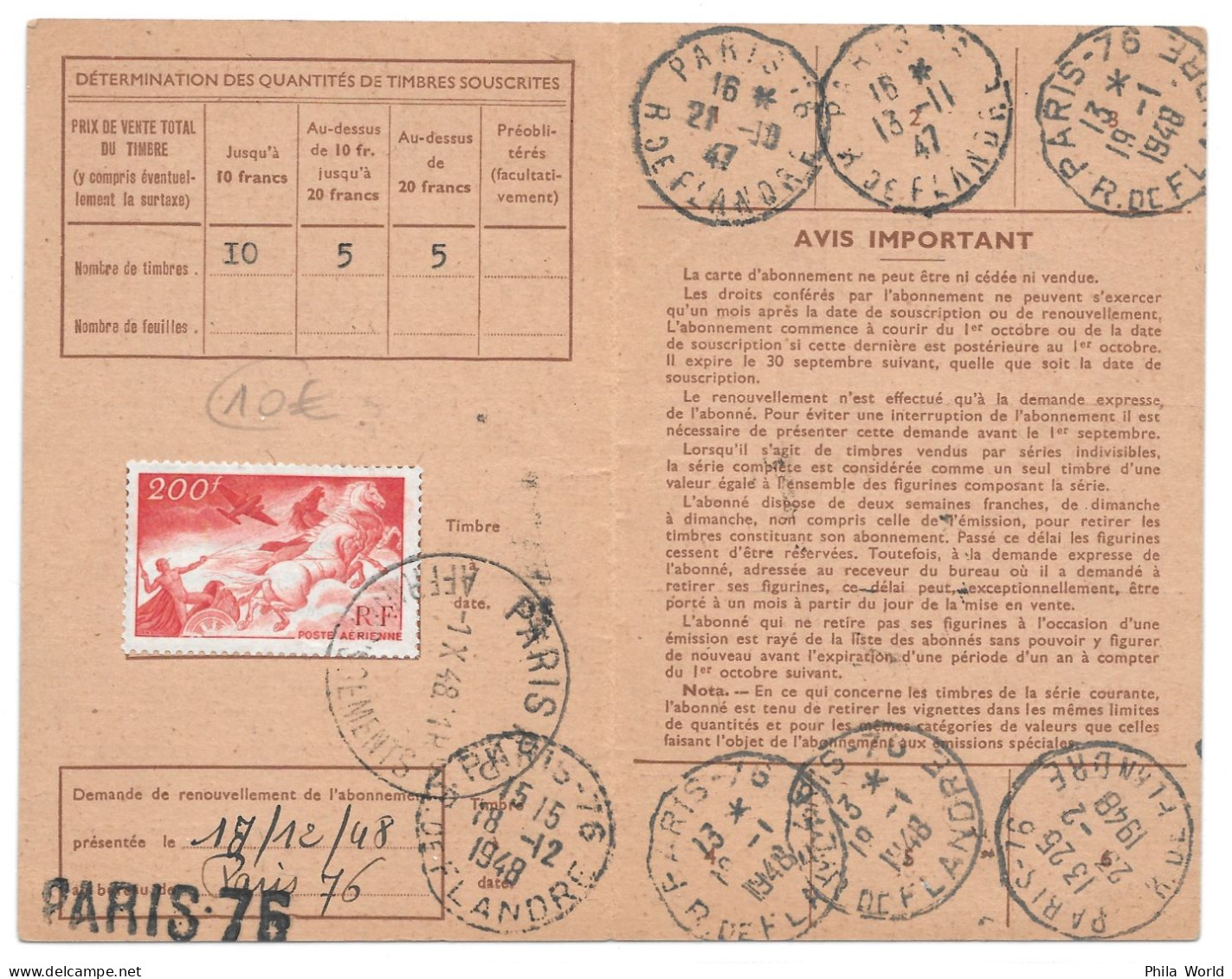 FRANCE 1947 Poste Aérienne PA 19 Char Soleil Sur Carte Abonnement PTT PARIS 76 Rue De Flandre - Cartas & Documentos
