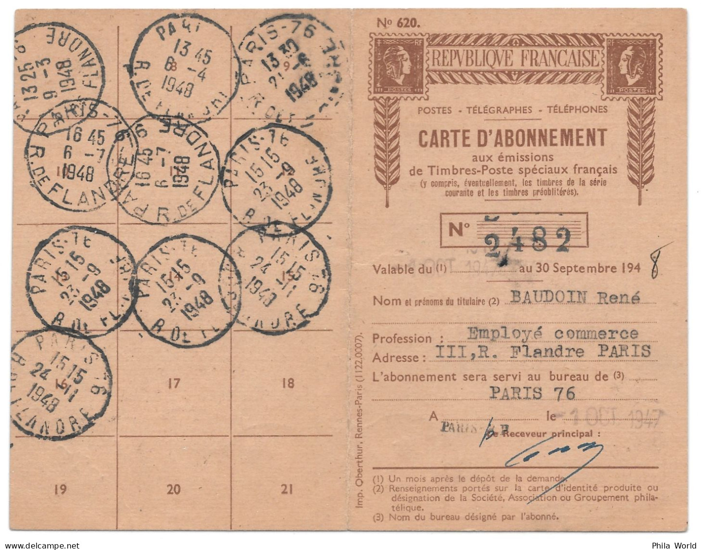 FRANCE 1947 Poste Aérienne PA 19 Char Soleil Sur Carte Abonnement PTT PARIS 76 Rue De Flandre - Cartas & Documentos