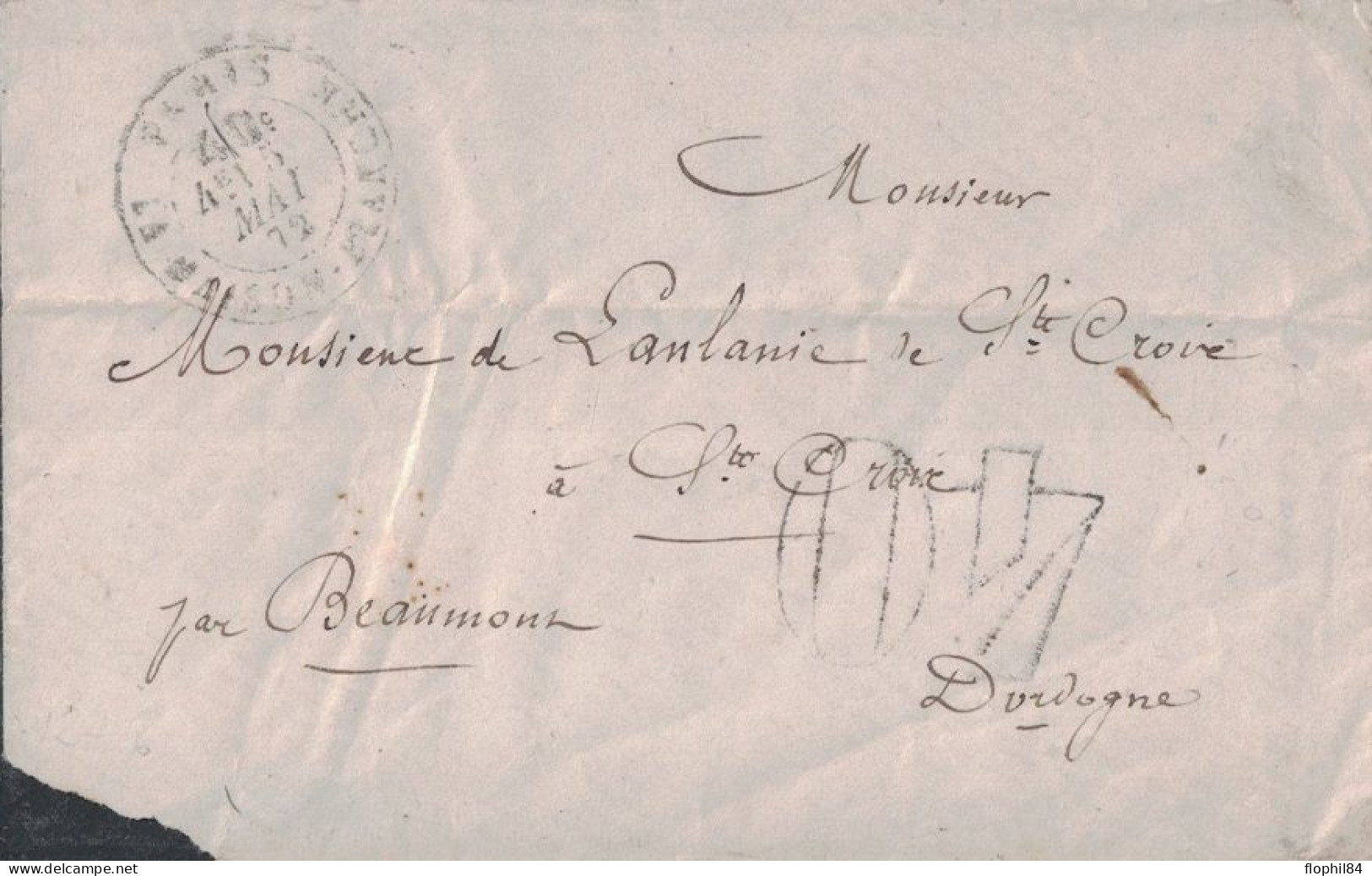PARIS - LA MAISON-BLANCHE - CACHET A DATE AVEC TAXE 40c  DANS LE DATEUR + TAXE 40 DOUBLE TRAIT - LE 5 MAI 1872 - PEU CO - Other & Unclassified