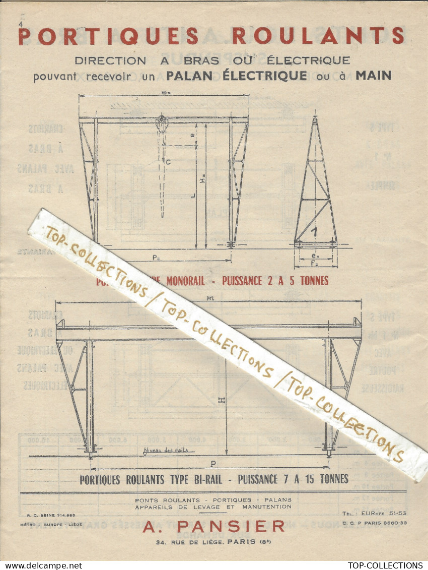 INDUSTRIE MECANIQUE PARIS PONTS ROULANTS  Circa 1950 DOCUMENTATION ET MODELES 4 PAGES V.SCANS - 1950 - ...