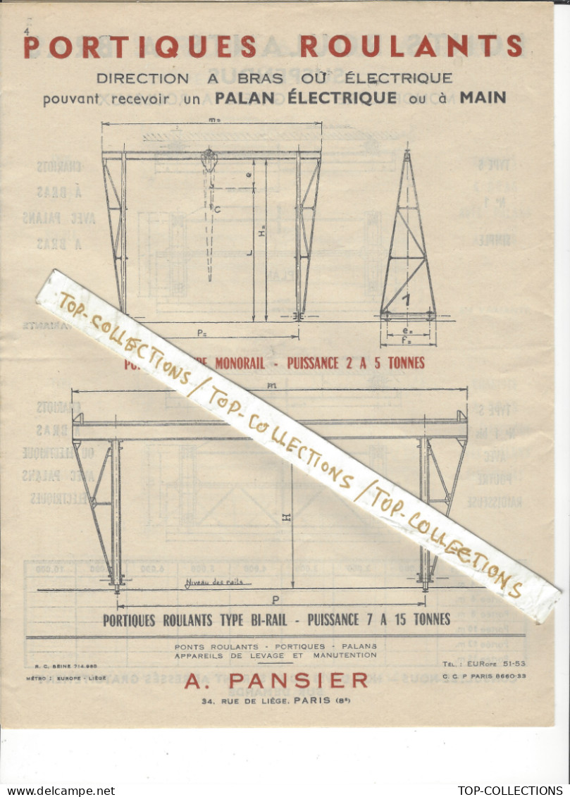 INDUSTRIE MECANIQUE PARIS PONTS ROULANTS  Circa 1950 DOCUMENTATION ET MODELES 4 PAGES V.SCANS - 1950 - ...