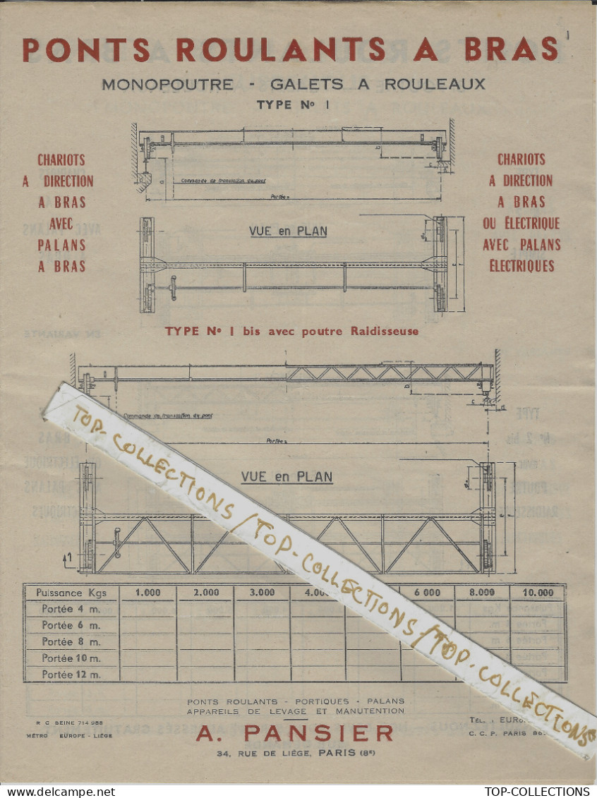 INDUSTRIE MECANIQUE PARIS PONTS ROULANTS  Circa 1950 DOCUMENTATION ET MODELES 4 PAGES V.SCANS - 1950 - ...