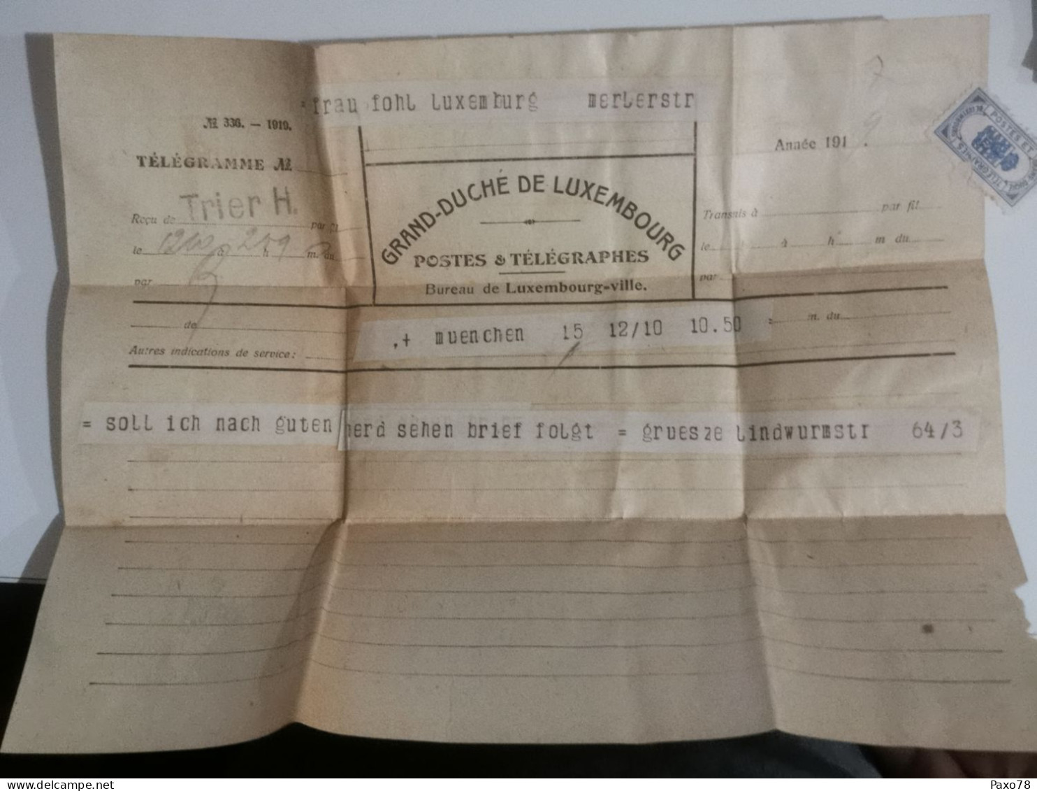 Télégramme Luxembourg 1919 Avec Timbre - Telegraph