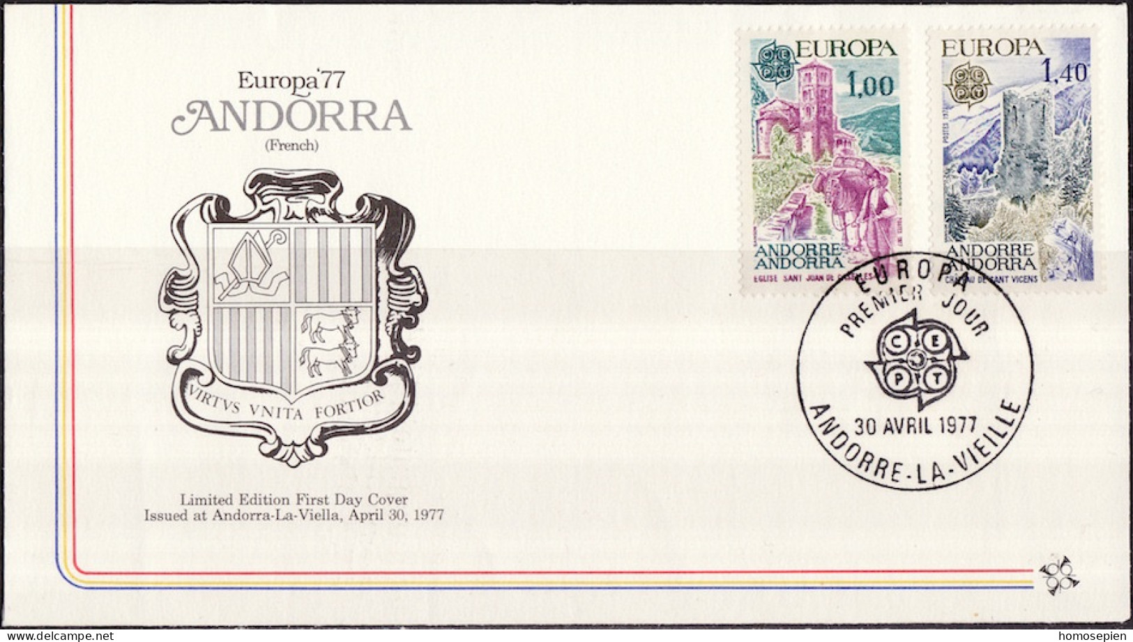 Europa CEPT 1977 Andorre Français - Andorra FDC1 Y&T N°261 à 262 - Michel N°282 à 283 - 1977