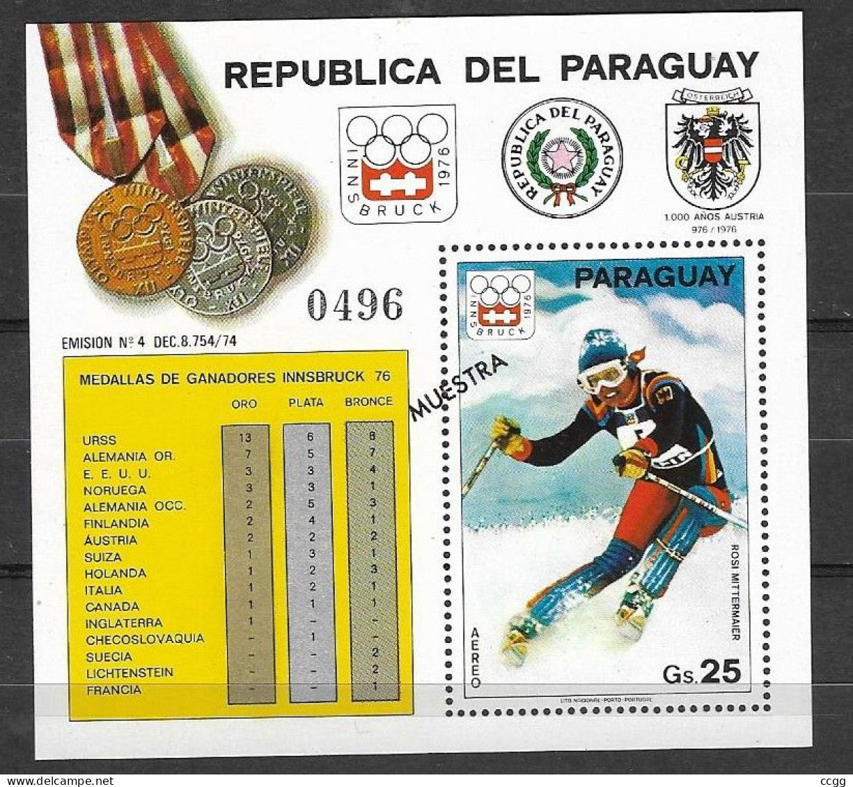 Olympische Spelen 1976 , Paraguay - Blok Met Opdruk " MUESTRA " Postfris - Winter 1976: Innsbruck