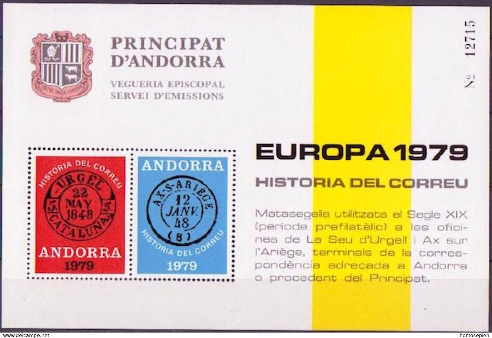 Andorre Viguerie - Andorra Bloc Feuillet 1979 Y&T N°BF(1) - Michel N°B(?) *** - Histoire Postale - Viguerie Episcopale