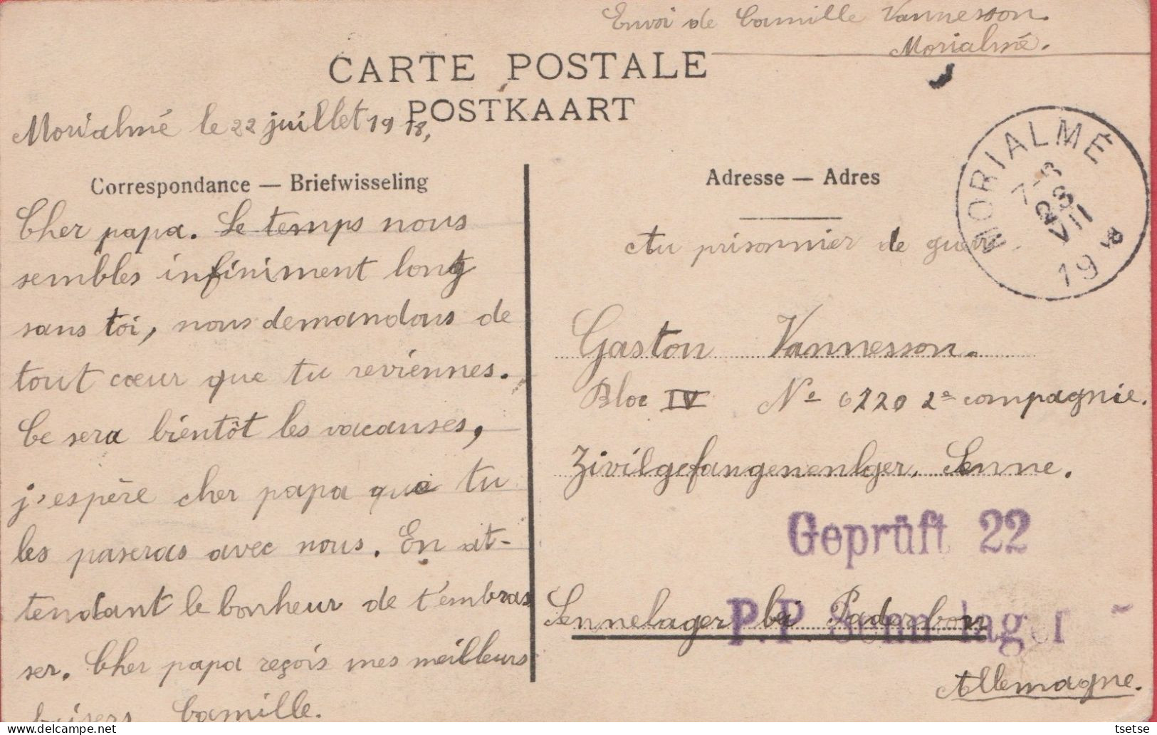 Morialmé - Place De L'Eglise -1918 ( Voir Verso, Correspondance Allemande ) - Florennes