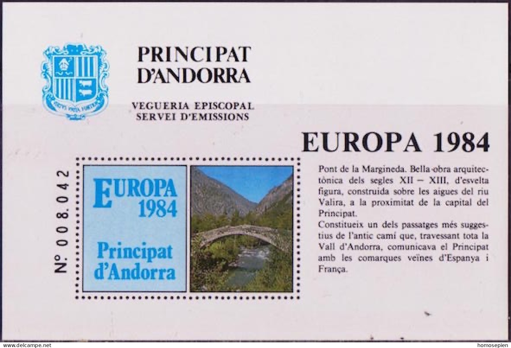 Andorre Viguerie - Andorra Bloc Feuillet 1984 Y&T N°BF(1) - Michel N°B(?) *** - Pont De Margineda - Vegueria Episcopal