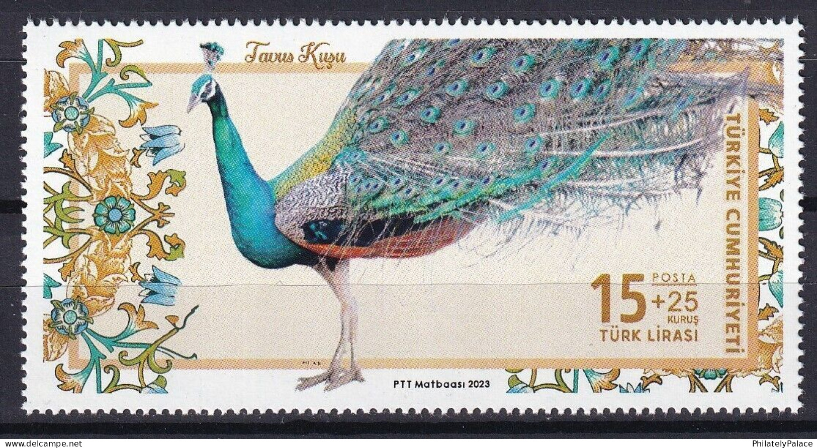 TURKEY 2023 Peocock,Bird,Aves,Feather,Flower,Flora,Pavo Cristatus,1v Stamp MNH (**) - Unused Stamps