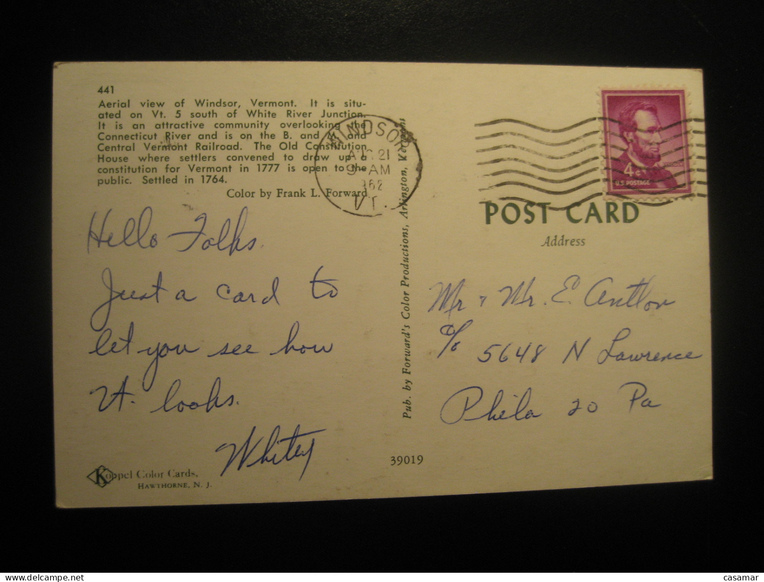 WINDSOR Vermont Cancel 1962 To N Lawrence Pa Postcard USA - Sonstige & Ohne Zuordnung
