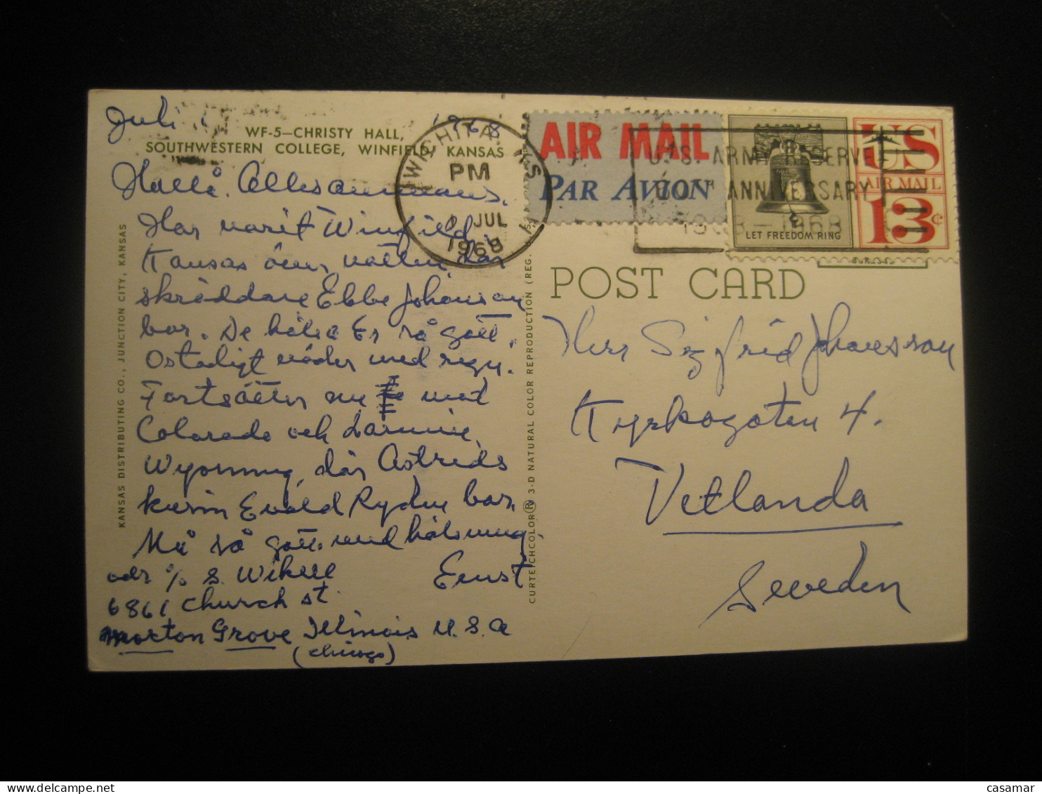 WINFIELD Kansas Christy Hall Southwestern College Cancel 1968 To Sweden Postcard USA - Sonstige & Ohne Zuordnung