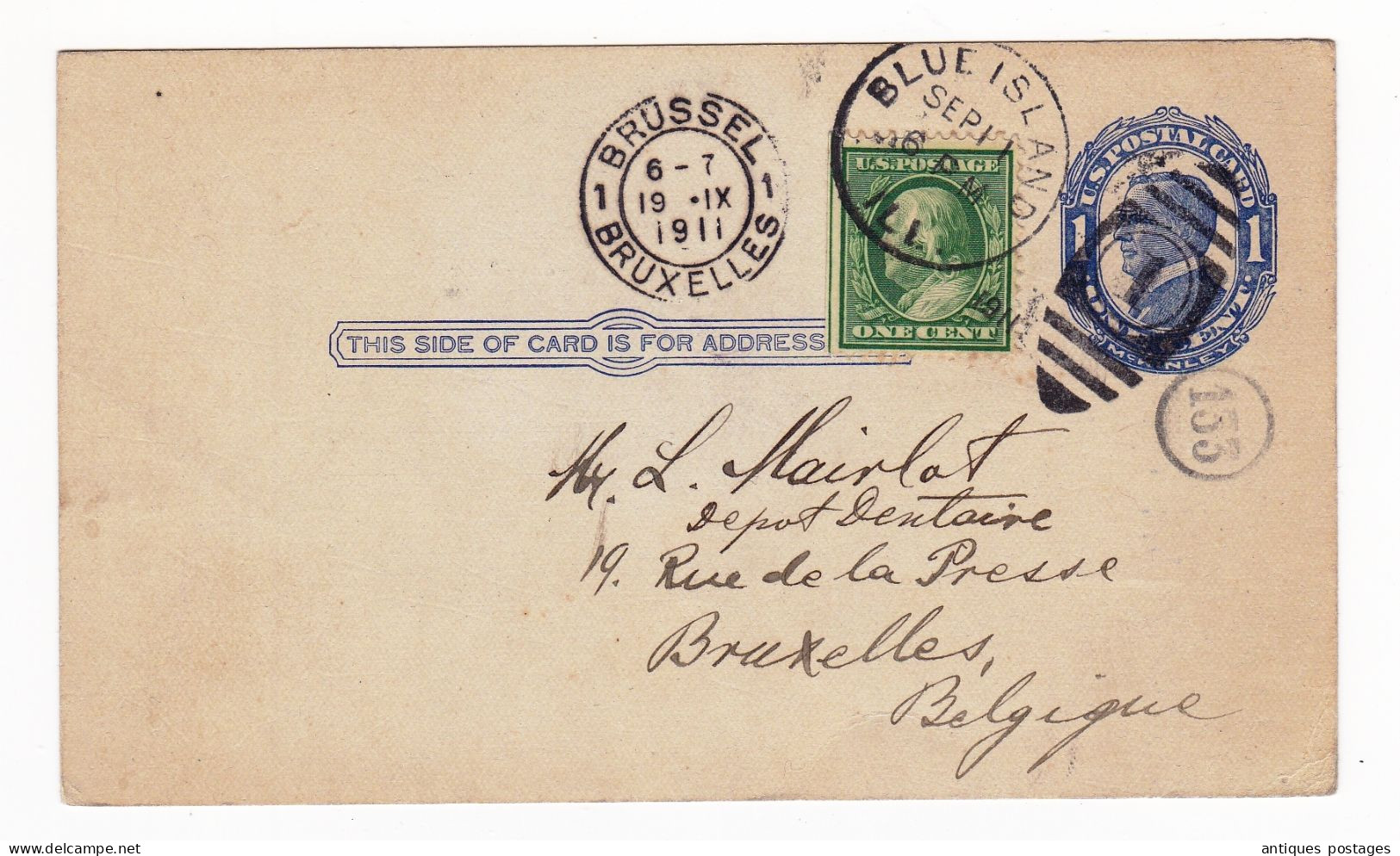 Post Card 1911 Blue Island Illinois USA Bruxelles Belgique - 1901-20