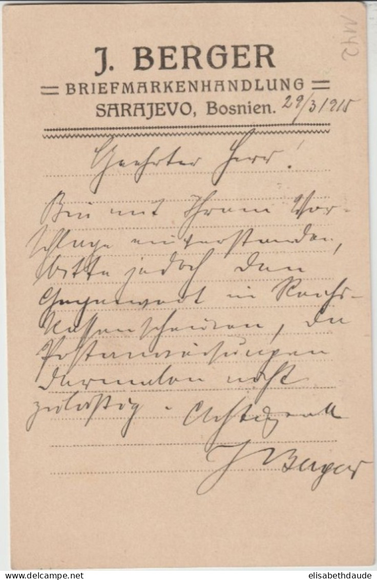 1915 - BOSNIE HERZEGOWINE - CP ENTIER REPIQUAGE "BERGER" Au DOS De SARAJEVO => M.GLADBACH (ALLEMAGNE) - Bosnie-Herzegovine