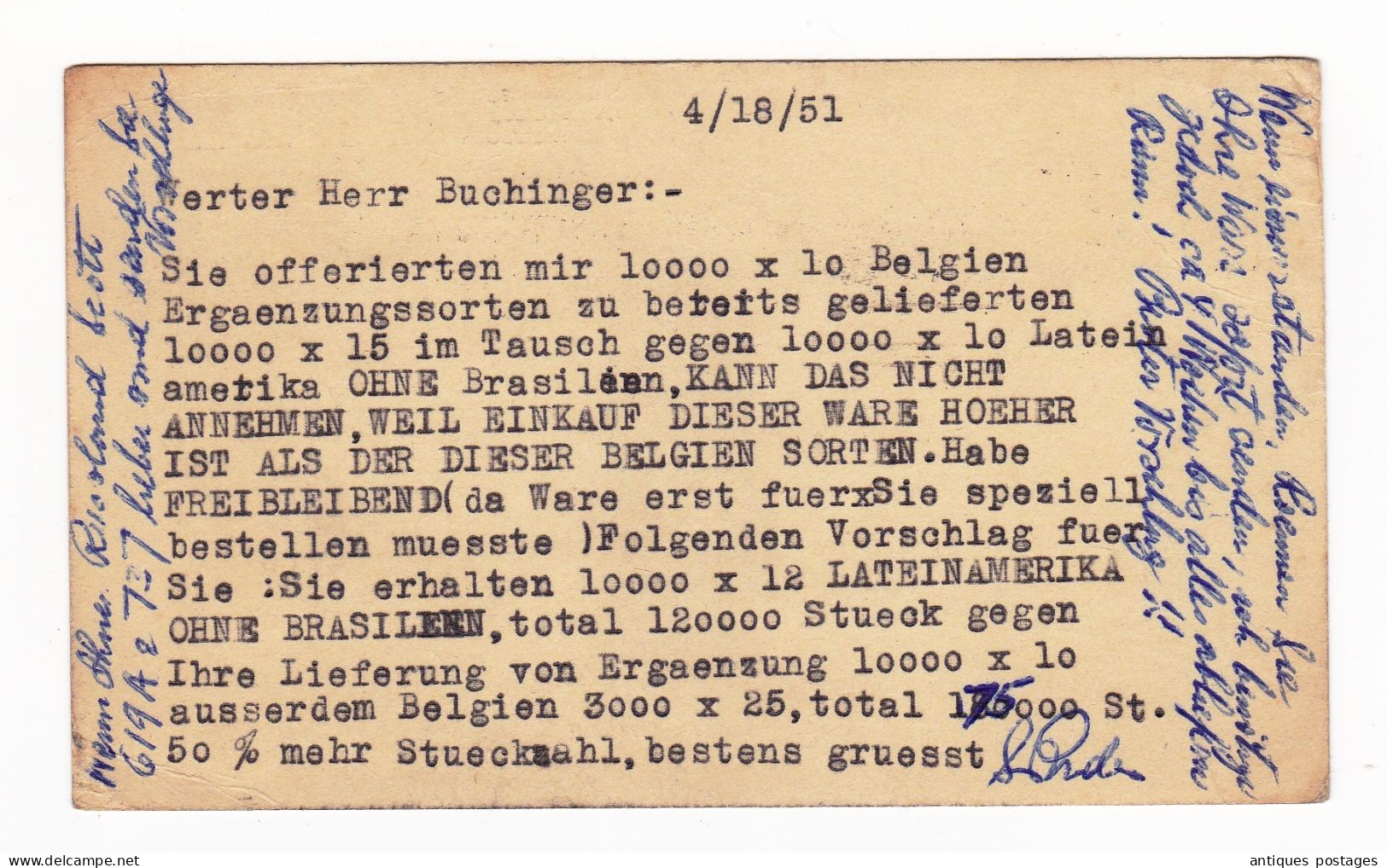 Post Card 1951 USA New York S. Pordes Bruxelles Belgique Buchinger