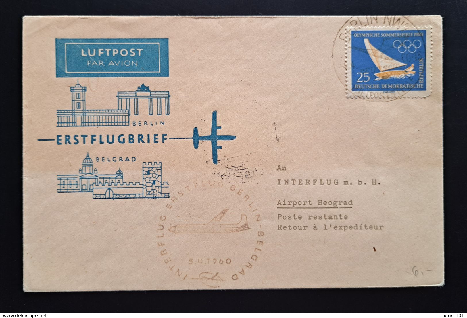 DDR 1960, Erstflug BERLIN-BELGRAD - Poste Aérienne