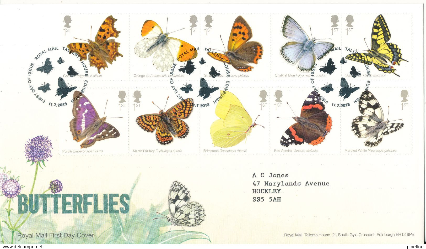 Great Britain FDC 11-7-2013 BUTTERFLIES Complete Set Of 10 In 2 Stripe Of 5 With Cachet - 2011-2020 Ediciones Decimales