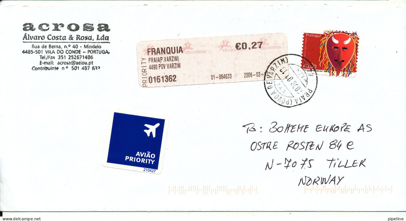 Portugal Cover With Franking Label And A Stamp Sent To Norway 13-3-2006 - Covers & Documents