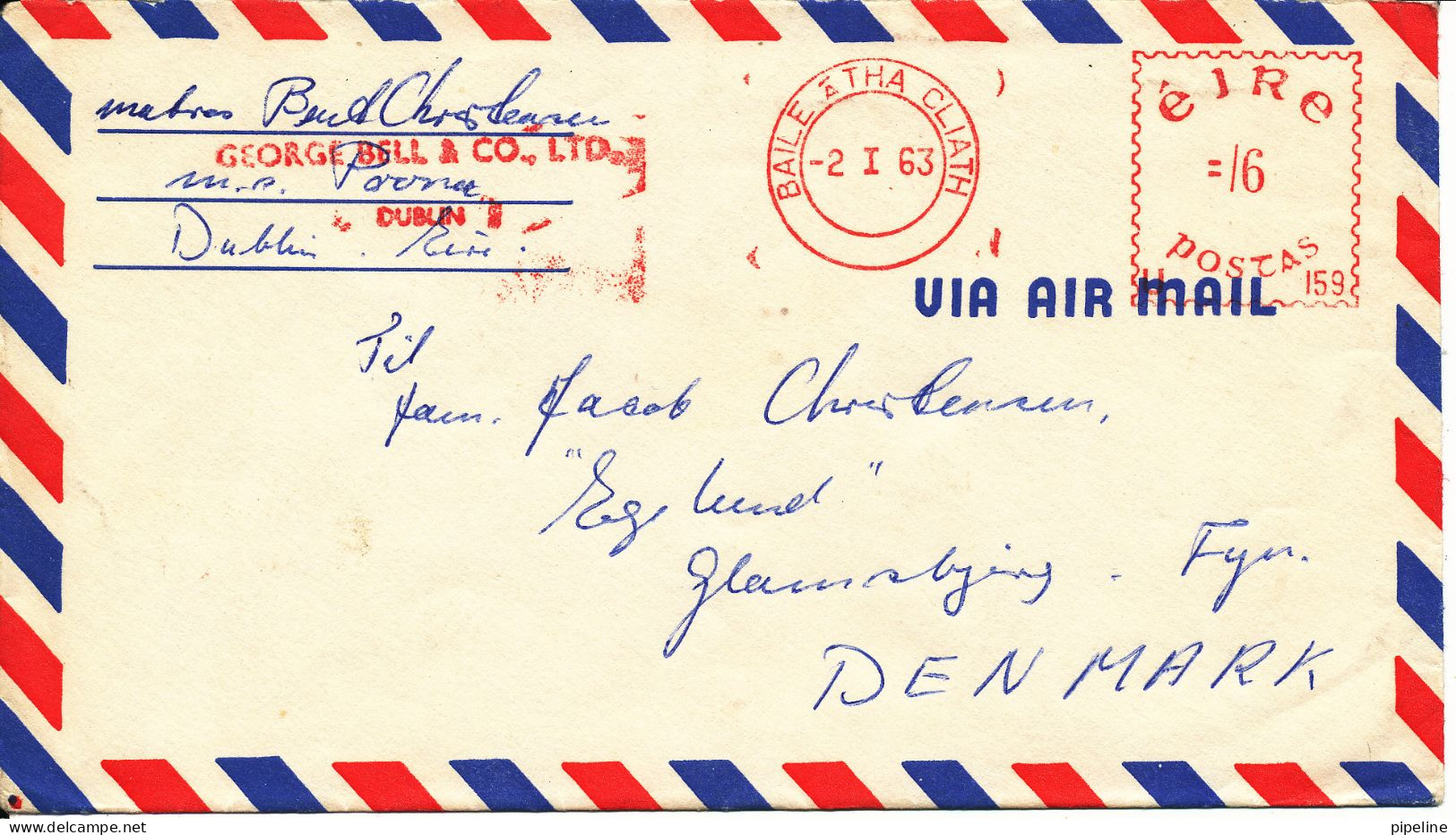 Ireland Air Mail Cover With Meter Cancel Baile Atha Cliath 2-1-1963 Sent To Denmark - Brieven En Documenten