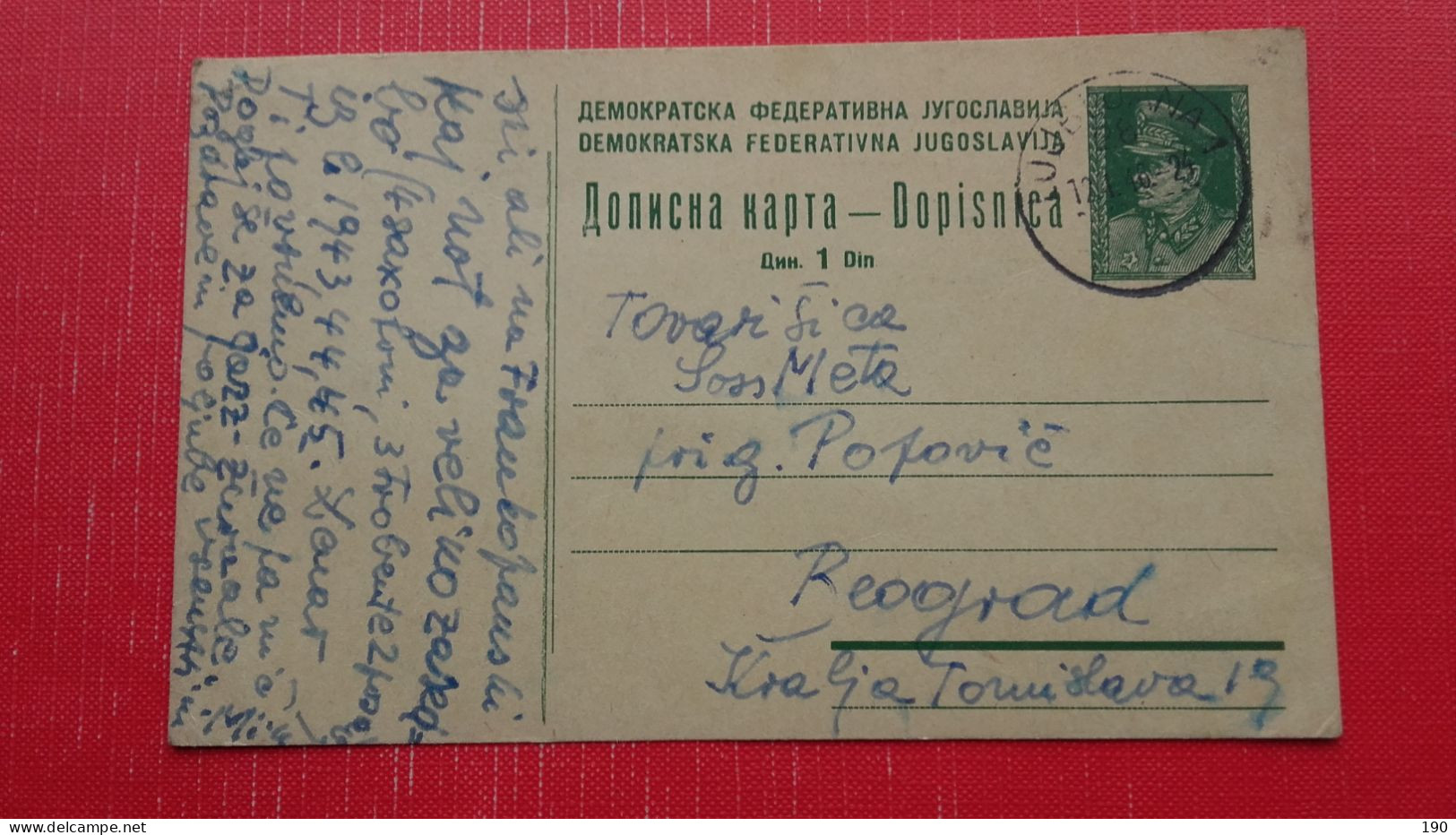 Dopisnica DFJ 1 Din(Tito).Zig/postmark:Ljubljana.Pisal Mik(Nikolaj) Soss - Slowenien