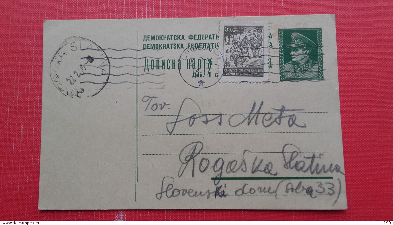 Dopisnica DFJ 1 Din(Tito).Zig/postmark:strojni Zig Ljubljana,Rogaska Slatina.Pisal Mik(Nikolaj) Soss - Slowenien