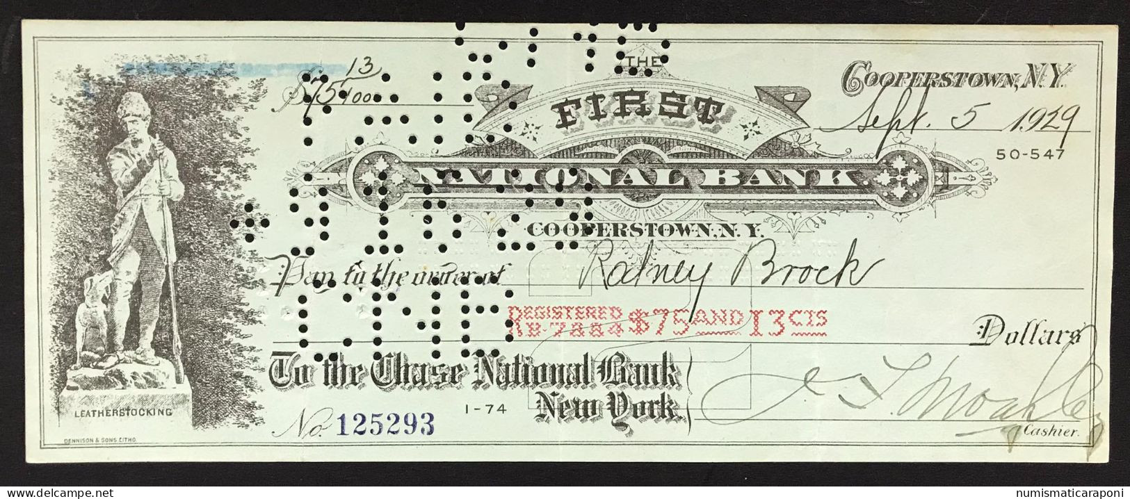 First National Bank Cooperstown New York  1929 75 Dollars And 13 Cis   LOTTO 1491 - Sonstige & Ohne Zuordnung