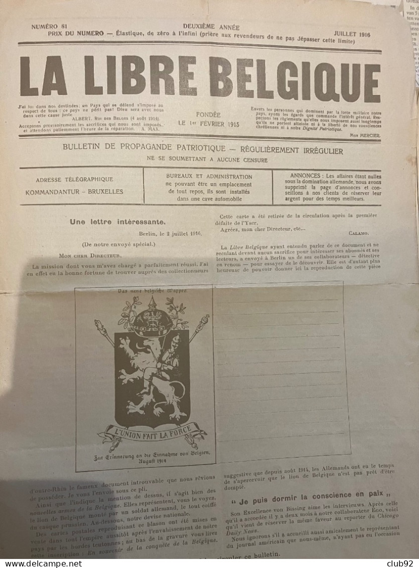 BELGIQUE ;LA LIBRE BELGIQUE  De JUILLET 1916 ; Avec Avis De Presse Clandestine ( Rare ) - Sonstige & Ohne Zuordnung