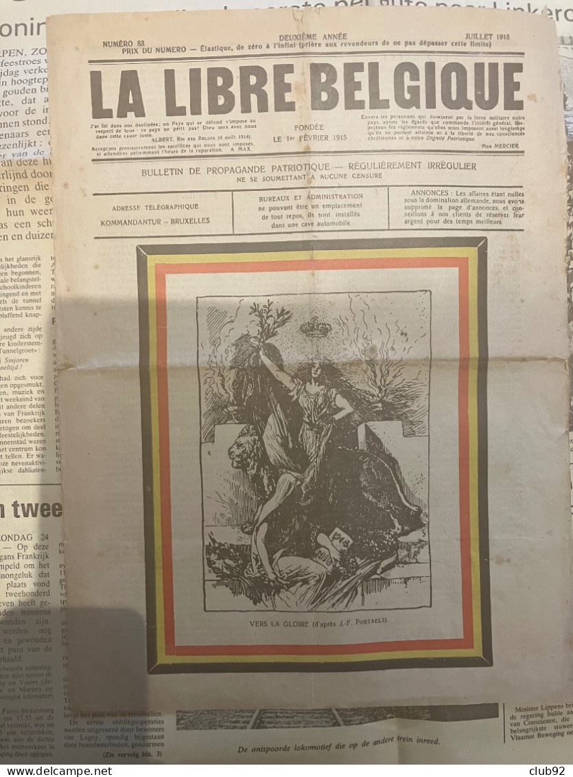 BELGIQUE ;LA LIBRE BELGIQUE  De JUILLET 1916 ; Avec Avis De Presse Clandestine ( Rare ) - Autres & Non Classés