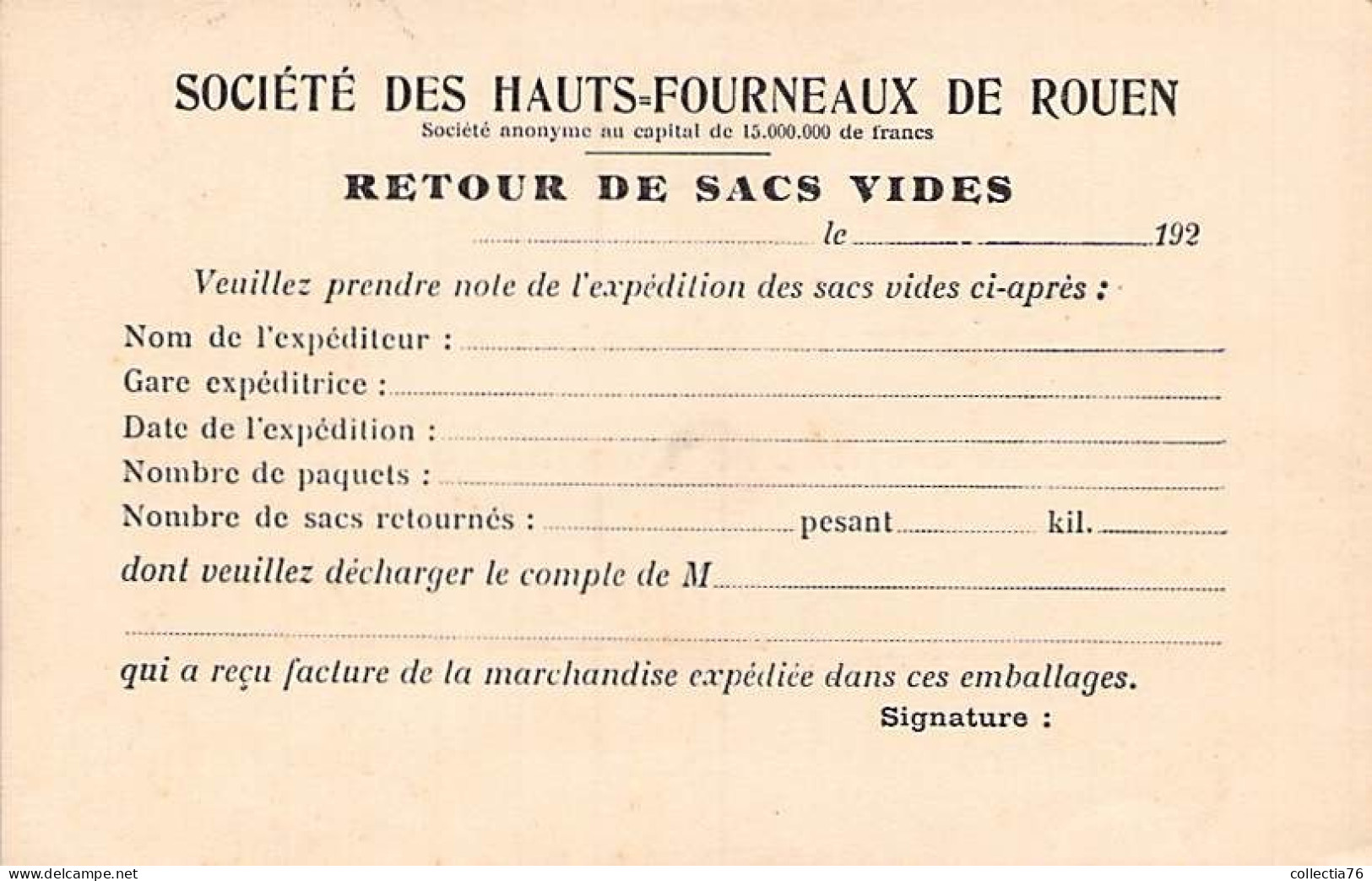 CPA FRANCE 76 SEINE MARITIME LE GRAND QUEVILLY SOCIETE DES HAUTS FOURNEAUX DE ROUEN DOS AVEC CASES A REMPLIR RETOUR SACS - Le Grand-quevilly