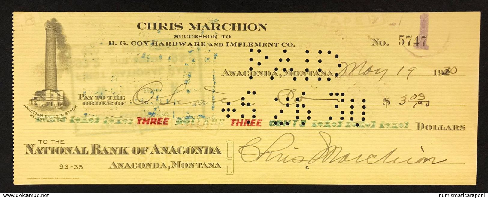 National Bank Of Anaconda Montana  1930 3 Dollars And 3 Cis   LOTTO 1700 - Sonstige & Ohne Zuordnung