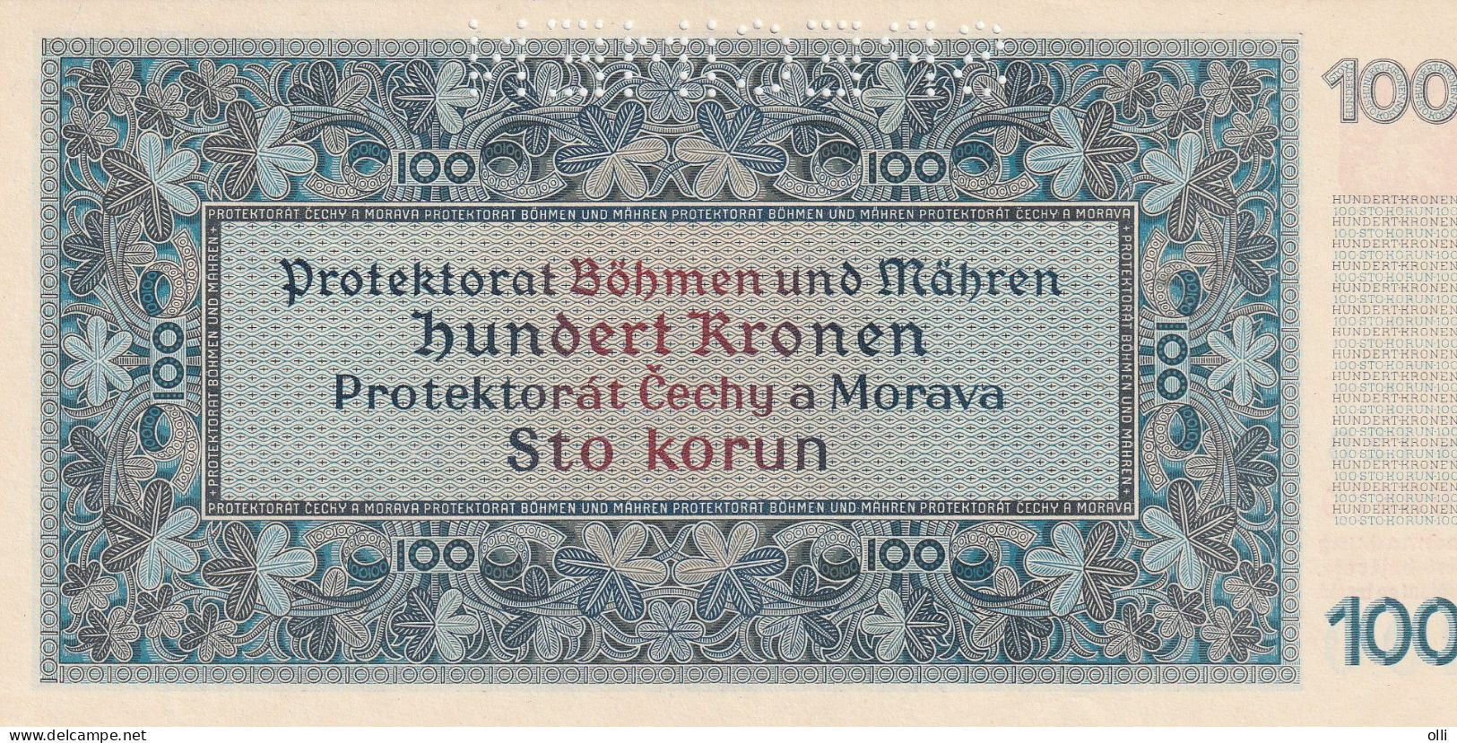 Bohemia & Moravia/ German Occuptation WWII 100 Korun 1940   P-6  UNC SPECIMEN - Czechoslovakia