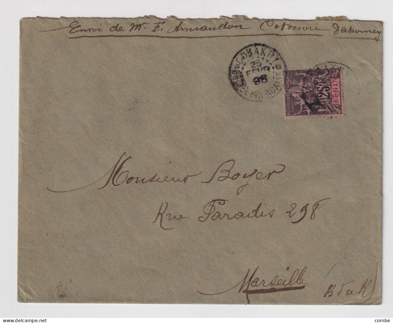 LETTRE. BENIN. 25 FEVR 1898. DE CONAKRY GUINEE AVEC UN TIMBRE DU BENIN. POUR MARSEILLE - Briefe U. Dokumente