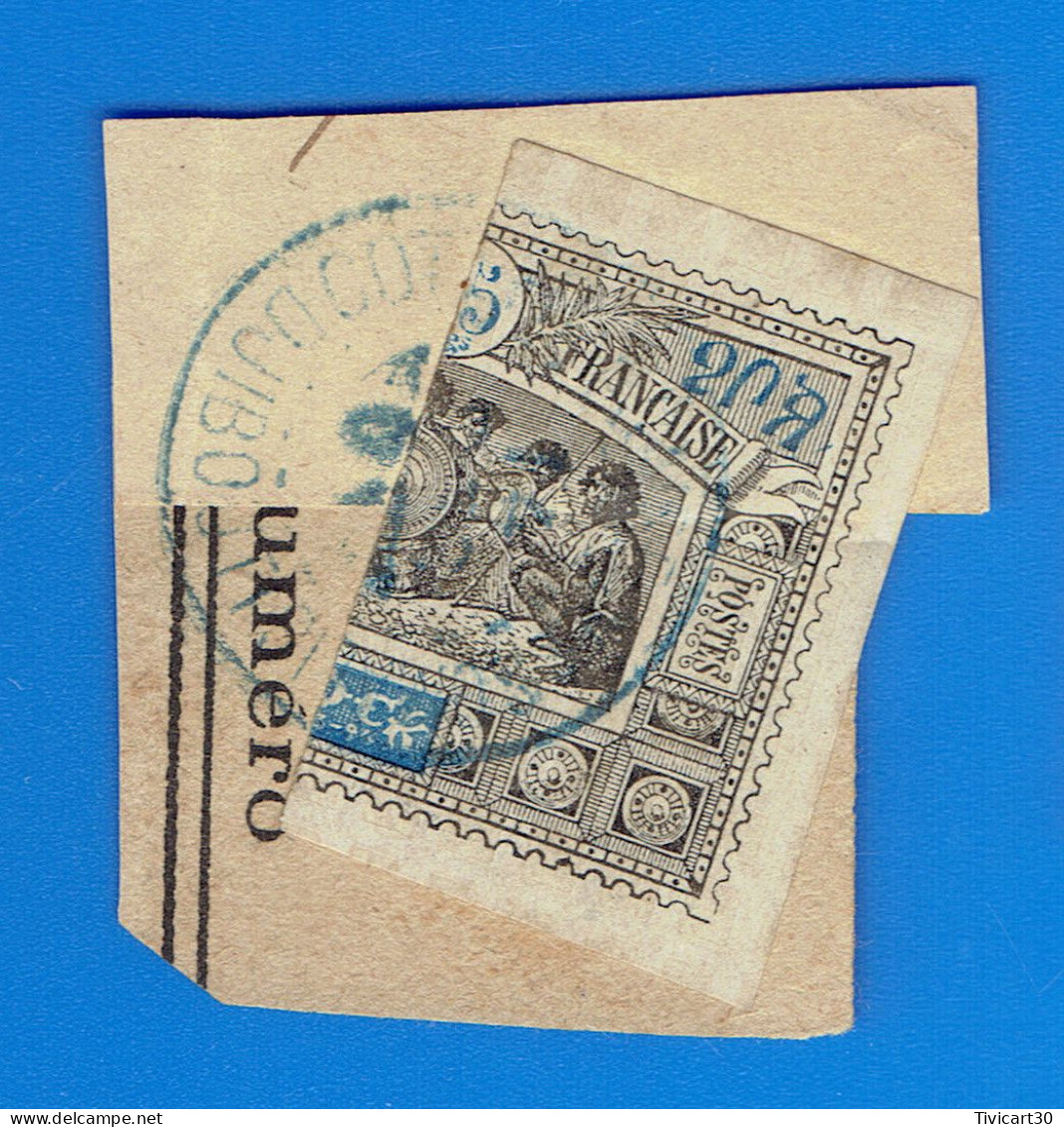 TIMBRE COLONIES FRANCAISES SUR FRAGMENT - DJIBOUTI - OBOCK - MOITIE DROITE DE 25 C. NOIR ET BLEU - N° 54 B - Used Stamps