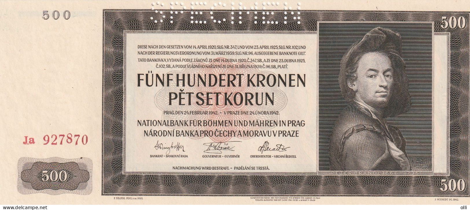 Bohemia & Moravia/ German Occuptation WWII 500 Korun 1944   P-12  UNC SPECIMEN - Tschechoslowakei