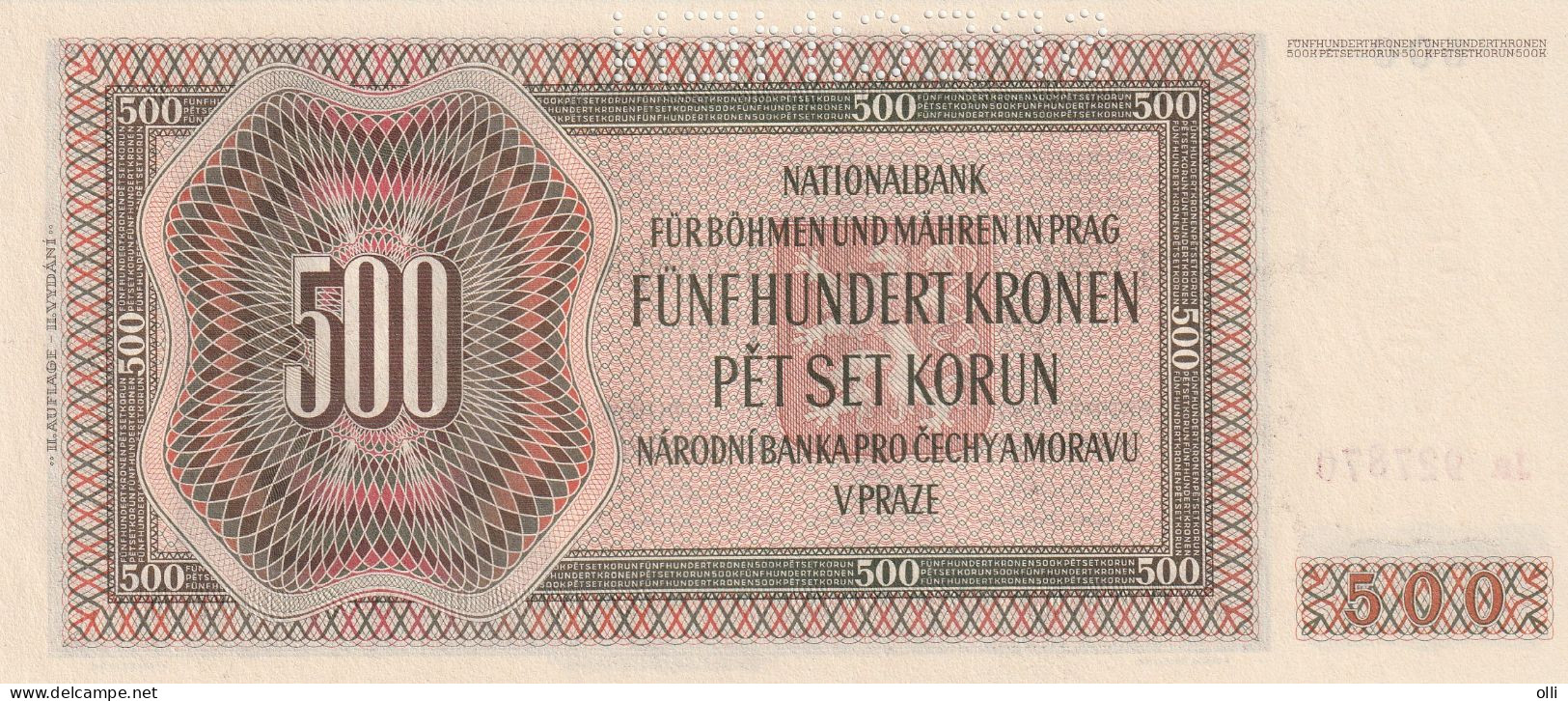 Bohemia & Moravia/ German Occuptation WWII 500 Korun 1944   P-12  UNC SPECIMEN - Czechoslovakia